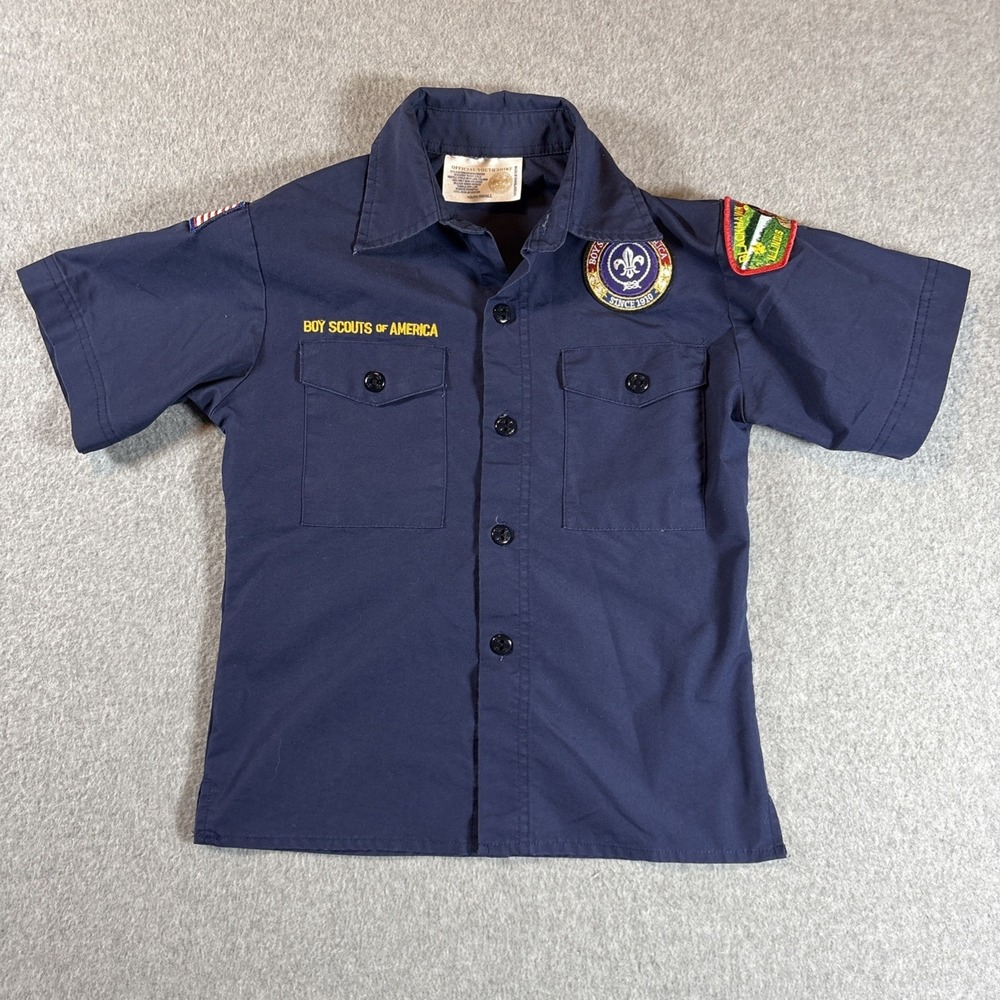 Boy Scouts Of America Short Sleeve Button Up Blue Youth Sz S Patches Very Good